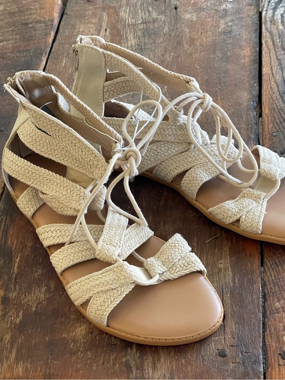 Torrid Natural Woven Lace-Up Gladiator Sandals 13WW Cream Tan Back Zipper NWT